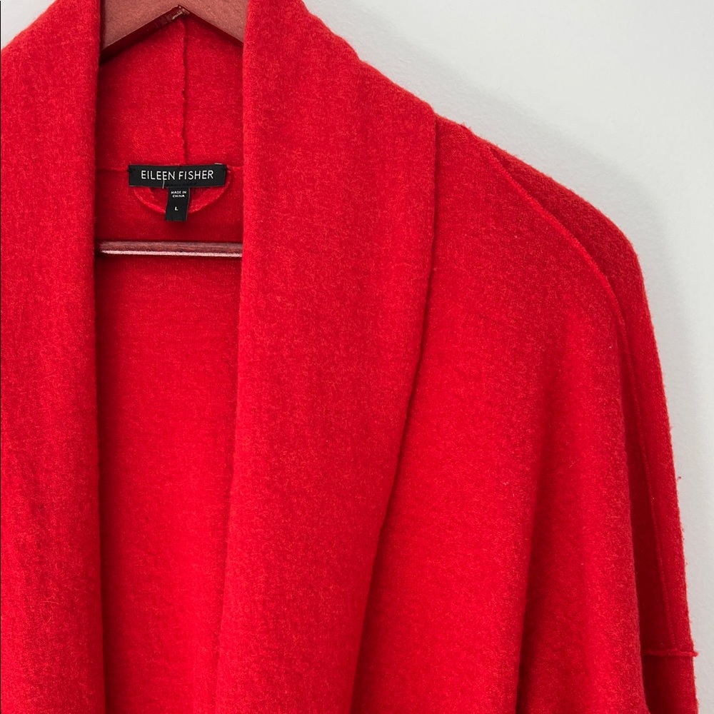 Eileen Fisher | Vibrant Red Open-Front Fine Merino Wool Shawl Cardigan Size L - Picture 4 of 16